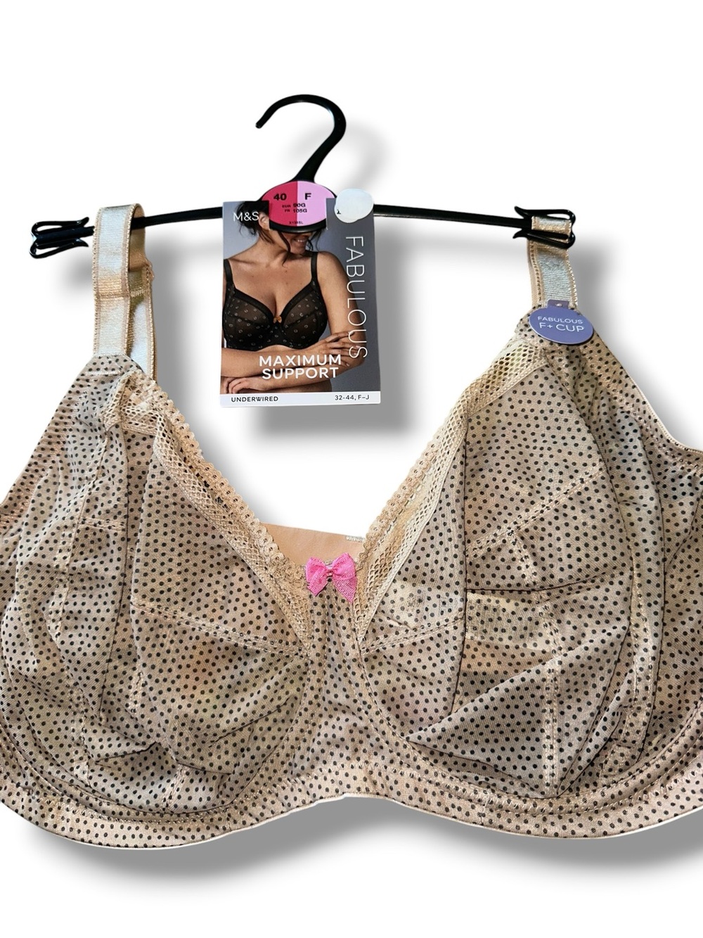 Marks & Spencer 40F "Fabulous" Maximum Support Full Cup Bra Nude Black Polka Dot
